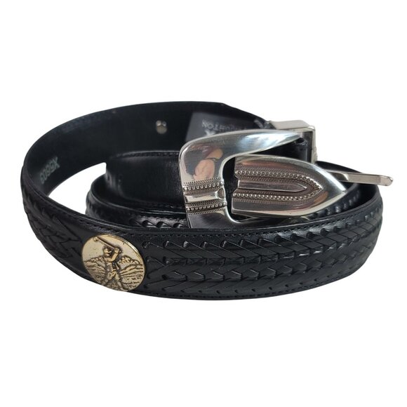 Brighton Onyx Concho Leather Belt Black SZ 44 Braided Golf Medallions VTG X5603 - Picture 1 of 9